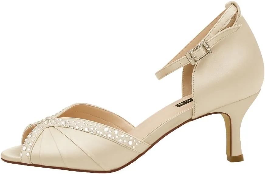 ERIJUNOR Women Comfort Low Heel Ankle Strap Rhinestones Pleat Satin Wedding Evening Dress Dance Shoes