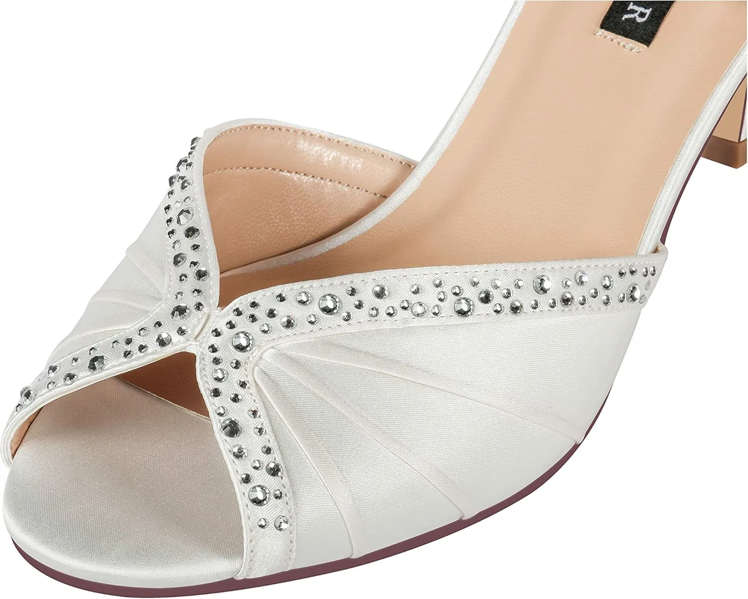 ERIJUNOR Women Comfort Low Heel Ankle Strap Rhinestones Pleat Satin Wedding Evening Dress Dance Shoes