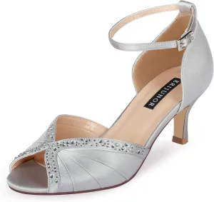 ERIJUNOR Women Comfort Low Heel Ankle Strap Rhinestones Pleat Satin Wedding Evening Dress Dance Shoes