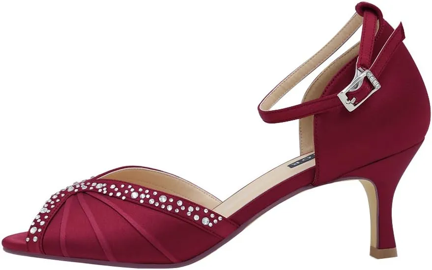ERIJUNOR Women Comfort Low Heel Ankle Strap Rhinestones Pleat Satin Wedding Evening Dress Dance Shoes