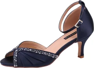 ERIJUNOR Women Comfort Low Heel Ankle Strap Rhinestones Pleat Satin Wedding Evening Dress Dance Shoes