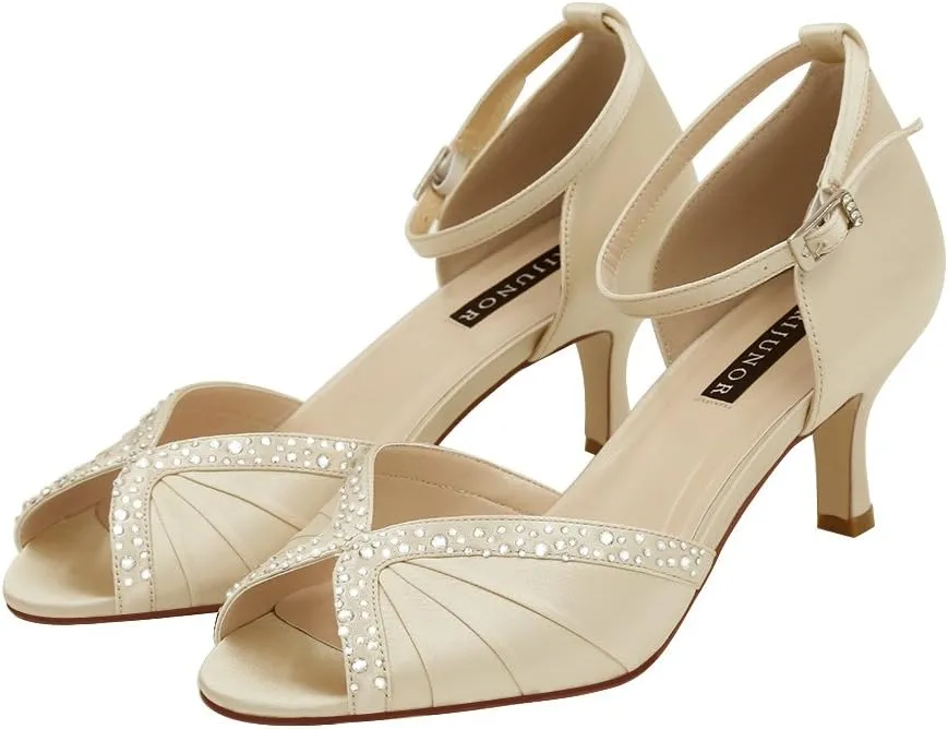 ERIJUNOR Women Comfort Low Heel Ankle Strap Rhinestones Pleat Satin Wedding Evening Dress Dance Shoes