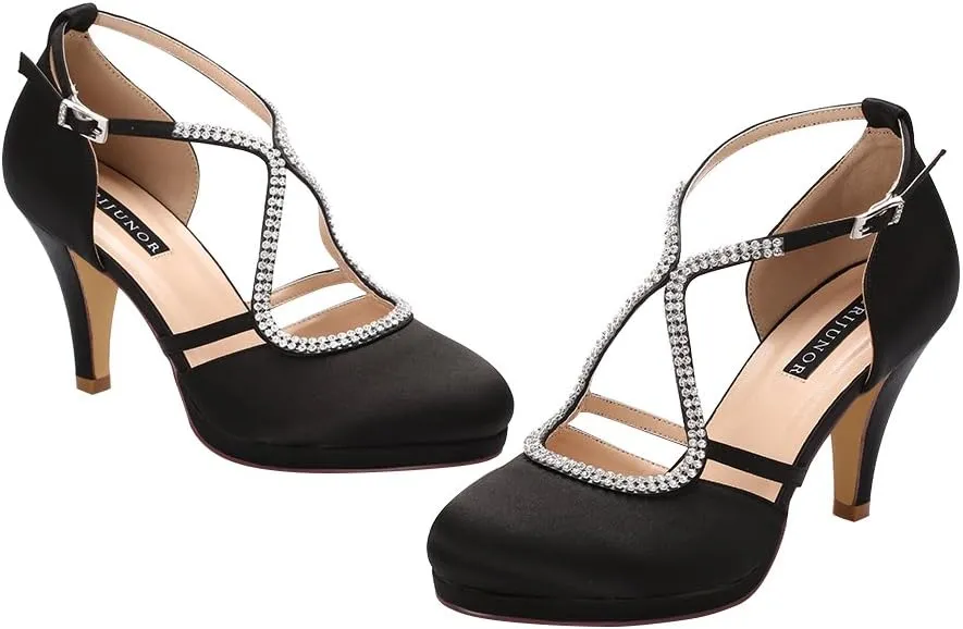 ERIJUNOR Women Comfort Low Heel Closed-Toe Ankle Strap Platform Satin Bridal Wedding Shoes