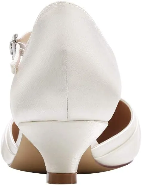 ERIJUNOR Women Comfort Low Kitten Heel Buckle Ankle Strap Satin Bridal Wedding Shoes