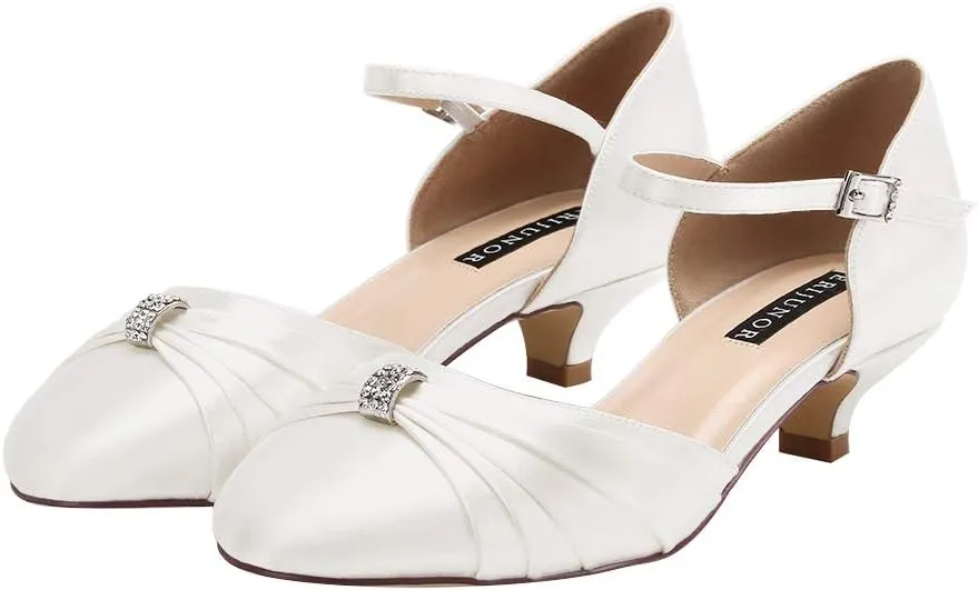 ERIJUNOR Women Comfort Low Kitten Heel Buckle Ankle Strap Satin Bridal Wedding Shoes