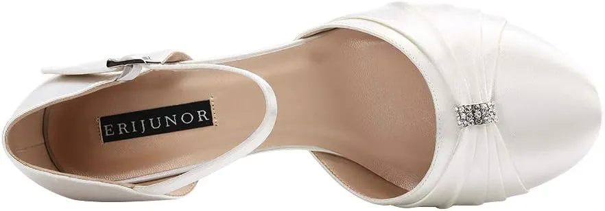 ERIJUNOR Women Comfort Low Kitten Heel Buckle Ankle Strap Satin Bridal Wedding Shoes