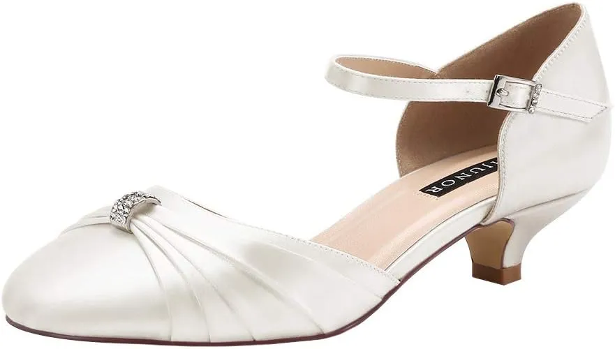 ERIJUNOR Women Comfort Low Kitten Heel Buckle Ankle Strap Satin Bridal Wedding Shoes