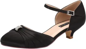 ERIJUNOR Women Comfort Low Kitten Heel Buckle Ankle Strap Satin Bridal Wedding Shoes
