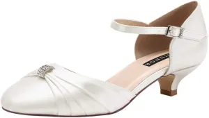 ERIJUNOR Women Comfort Low Kitten Heel Buckle Ankle Strap Satin Bridal Wedding Shoes