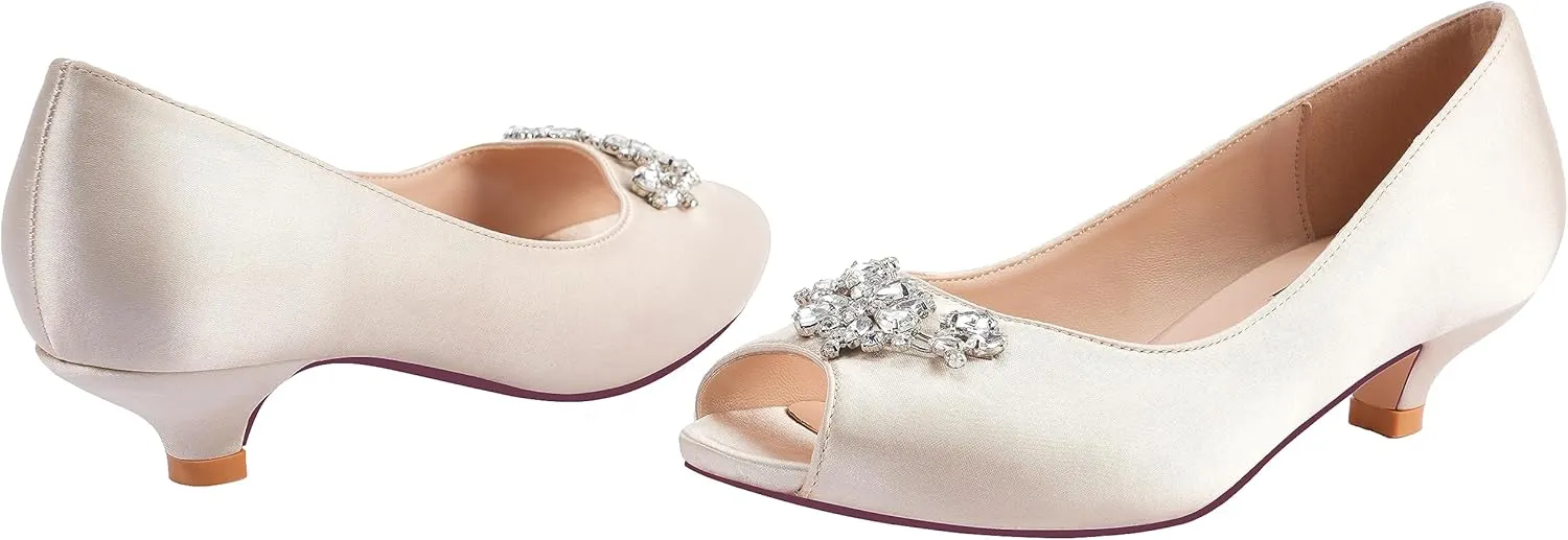 ERIJUNOR Women Comfort Low Kitten Heels Rhinestones Peep Toe Wedding Evening Party Shoes Dress Pumps