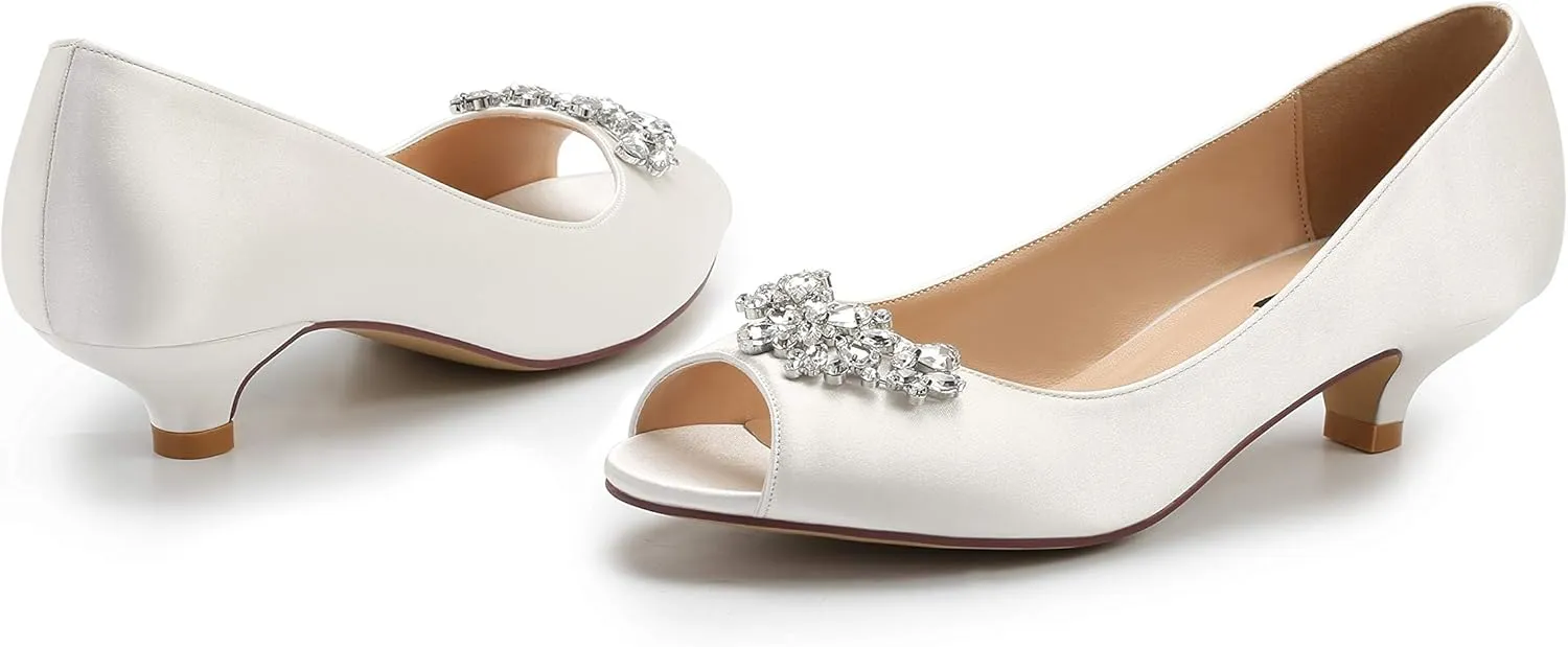 ERIJUNOR Women Comfort Low Kitten Heels Rhinestones Peep Toe Wedding Evening Party Shoes Dress Pumps