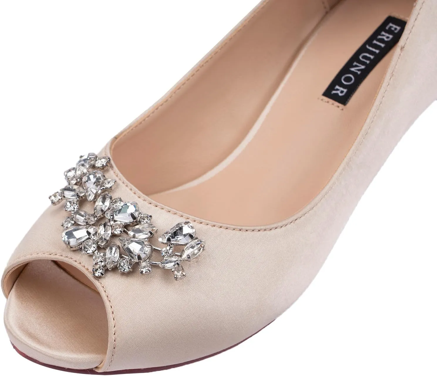 ERIJUNOR Women Comfort Low Kitten Heels Rhinestones Peep Toe Wedding Evening Party Shoes Dress Pumps