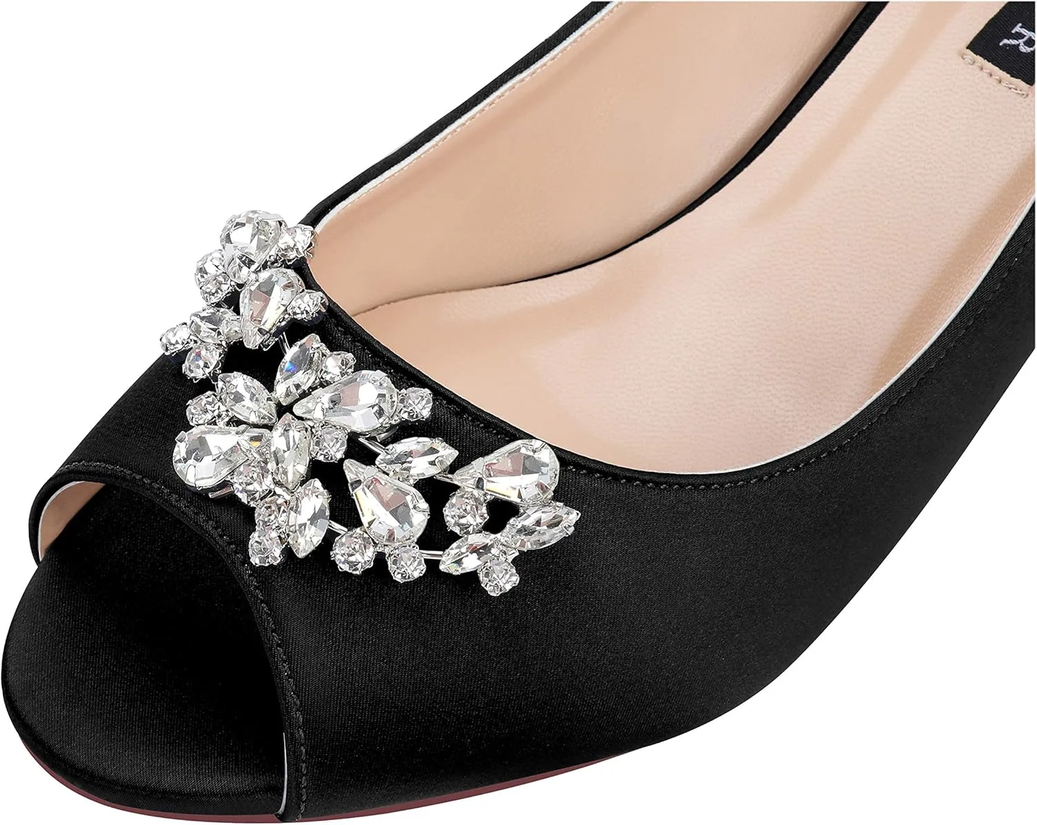 ERIJUNOR Women Comfort Low Kitten Heels Rhinestones Peep Toe Wedding Evening Party Shoes Dress Pumps