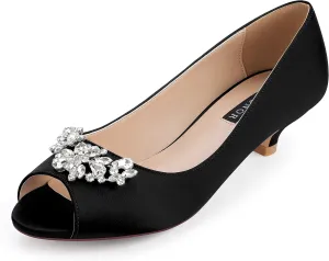 ERIJUNOR Women Comfort Low Kitten Heels Rhinestones Peep Toe Wedding Evening Party Shoes Dress Pumps