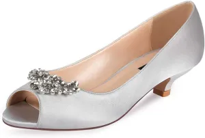 ERIJUNOR Women Comfort Low Kitten Heels Rhinestones Peep Toe Wedding Evening Party Shoes Dress Pumps