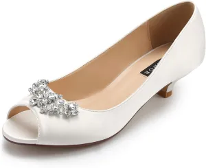 ERIJUNOR Women Comfort Low Kitten Heels Rhinestones Peep Toe Wedding Evening Party Shoes Dress Pumps