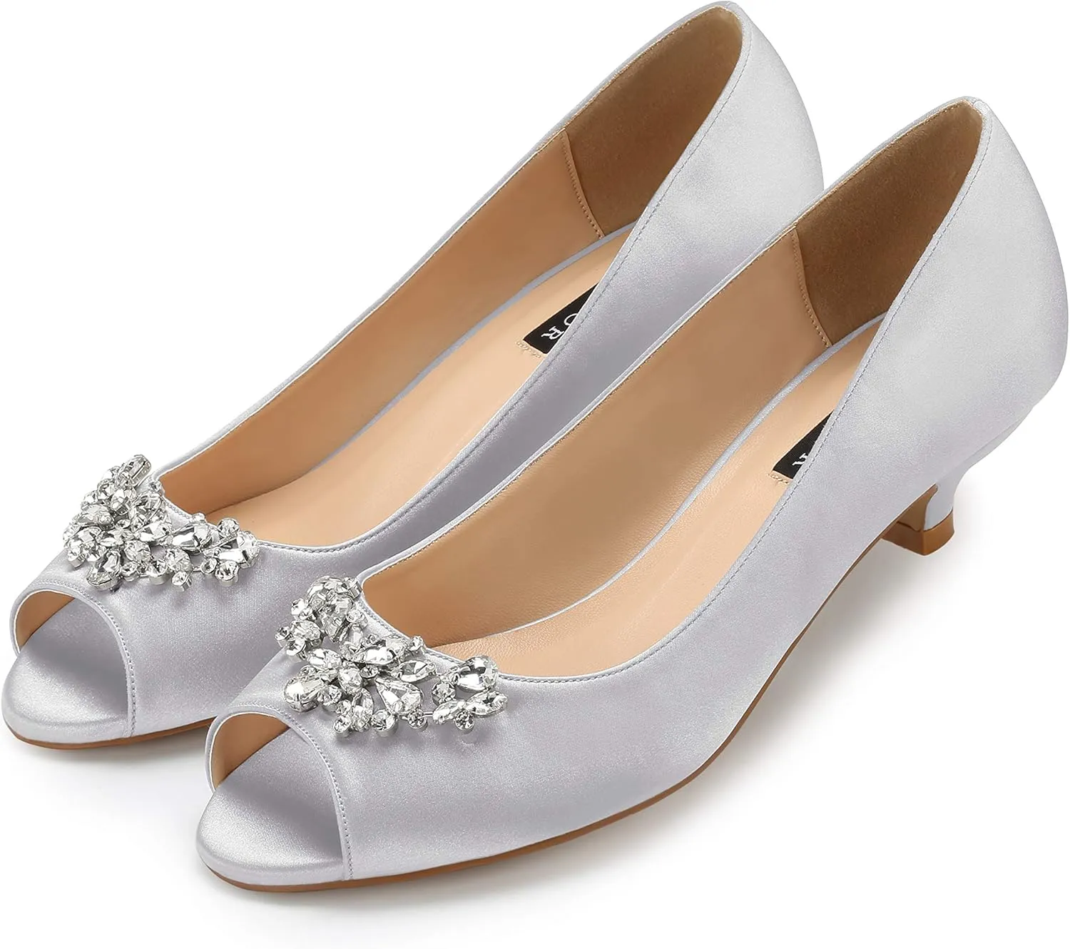 ERIJUNOR Women Comfort Low Kitten Heels Rhinestones Peep Toe Wedding Evening Party Shoes Dress Pumps