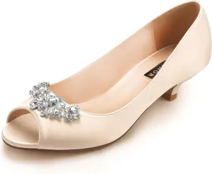 ERIJUNOR Women Comfort Low Kitten Heels Rhinestones Peep Toe Wedding Evening Party Shoes Dress Pumps