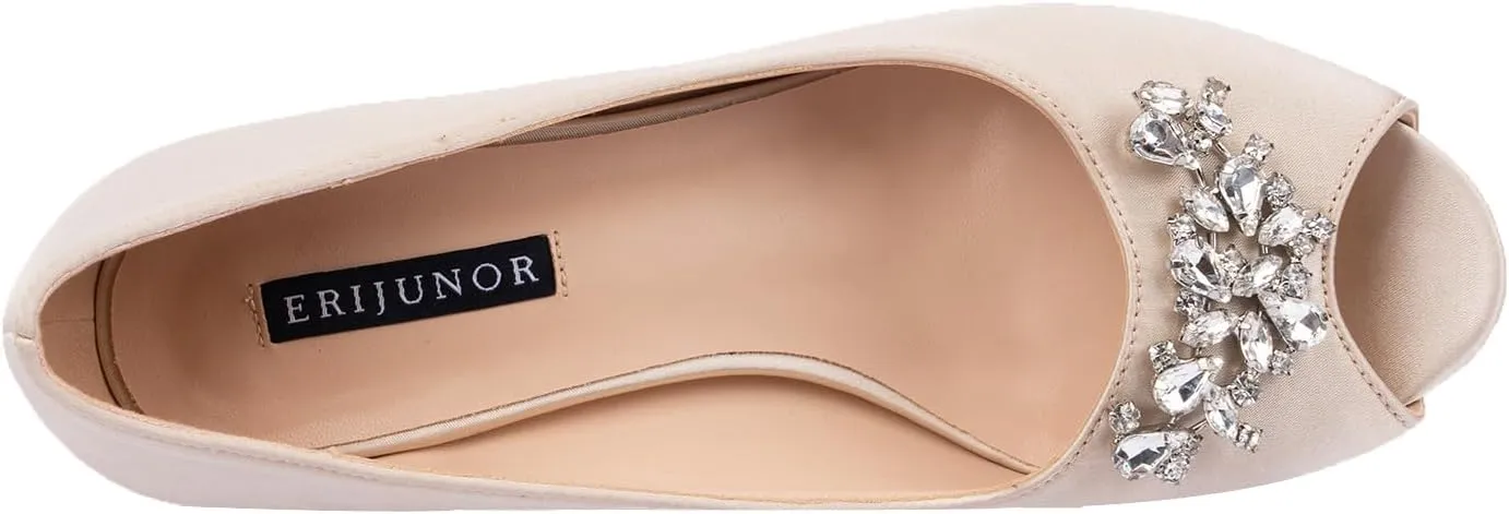 ERIJUNOR Women Comfort Low Kitten Heels Rhinestones Peep Toe Wedding Evening Party Shoes Dress Pumps