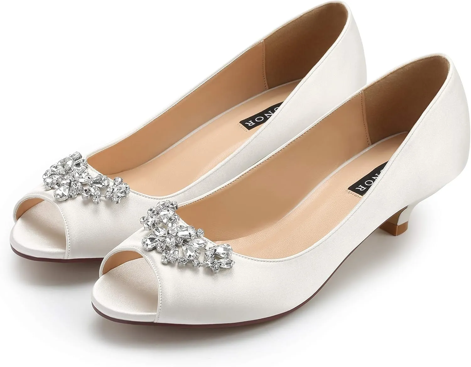 ERIJUNOR Women Comfort Low Kitten Heels Rhinestones Peep Toe Wedding Evening Party Shoes Dress Pumps