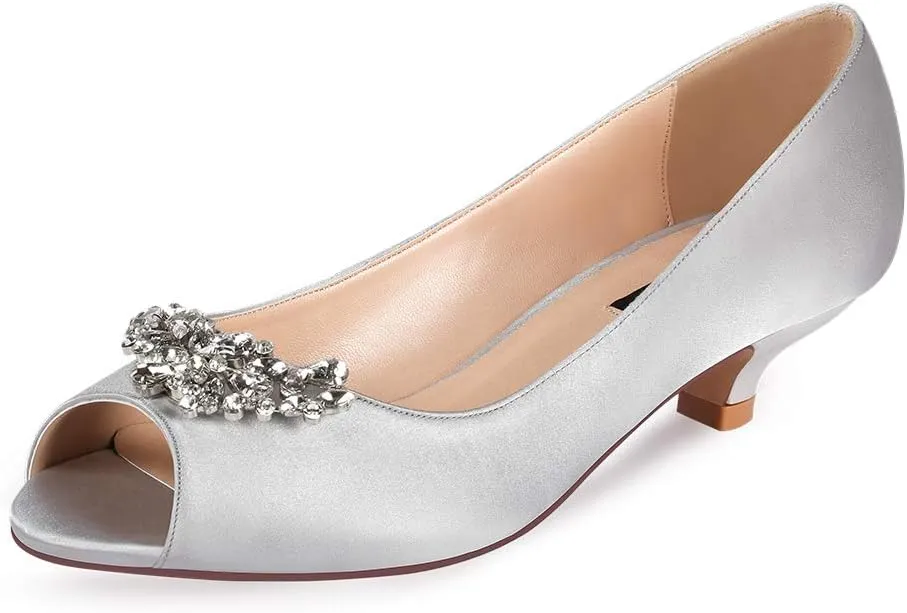 ERIJUNOR Women Comfort Low Kitten Heels Rhinestones Peep Toe Wedding Evening Party Shoes Dress Pumps