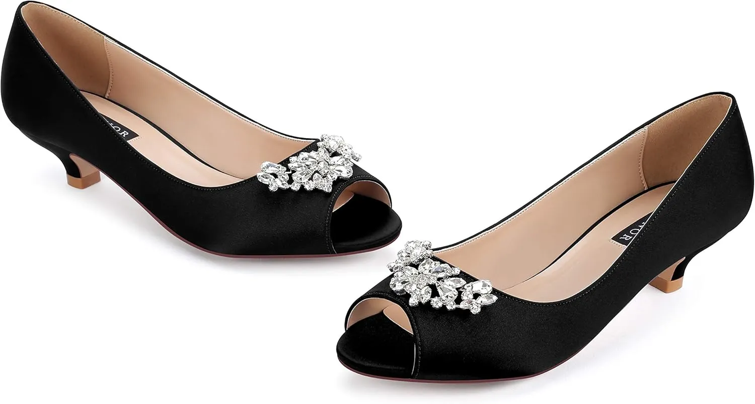 ERIJUNOR Women Comfort Low Kitten Heels Rhinestones Peep Toe Wedding Evening Party Shoes Dress Pumps