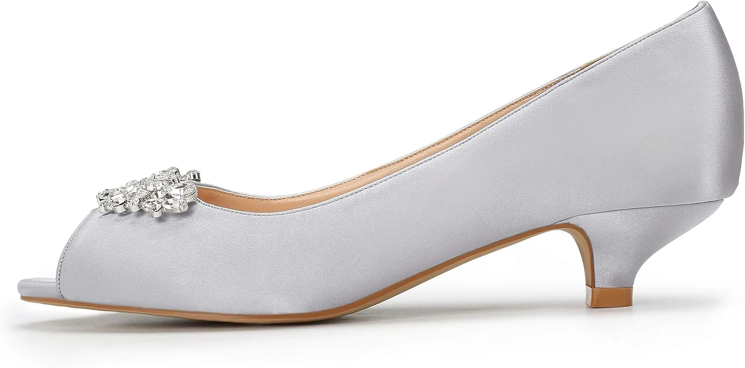ERIJUNOR Women Comfort Low Kitten Heels Rhinestones Peep Toe Wedding Evening Party Shoes Dress Pumps