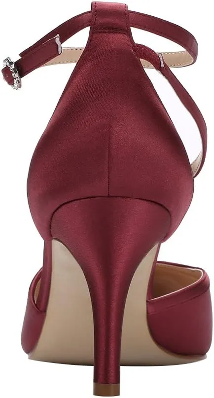 ERIJUNOR Women Comfortable Mid Heel Ankle Strappy Dress Pumps Pointed Toe Satin Wedding Evening Party Shoes