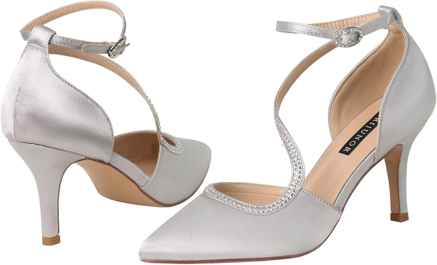 ERIJUNOR Women Comfortable Mid Heel Ankle Strappy Dress Pumps Pointed Toe Satin Wedding Evening Party Shoes