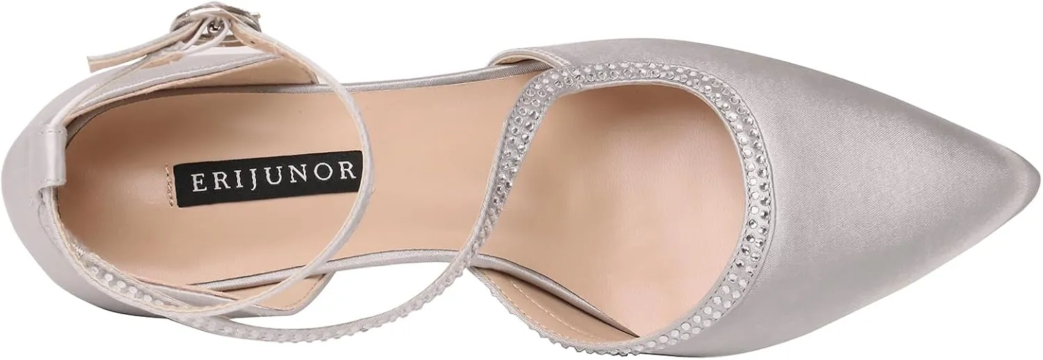 ERIJUNOR Women Comfortable Mid Heel Ankle Strappy Dress Pumps Pointed Toe Satin Wedding Evening Party Shoes