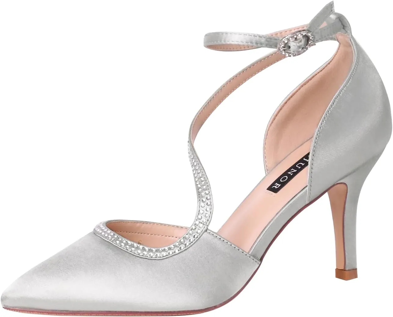 ERIJUNOR Women Comfortable Mid Heel Ankle Strappy Dress Pumps Pointed Toe Satin Wedding Evening Party Shoes