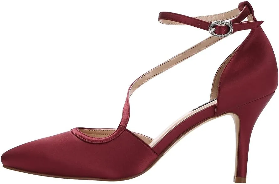 ERIJUNOR Women Comfortable Mid Heel Ankle Strappy Dress Pumps Pointed Toe Satin Wedding Evening Party Shoes