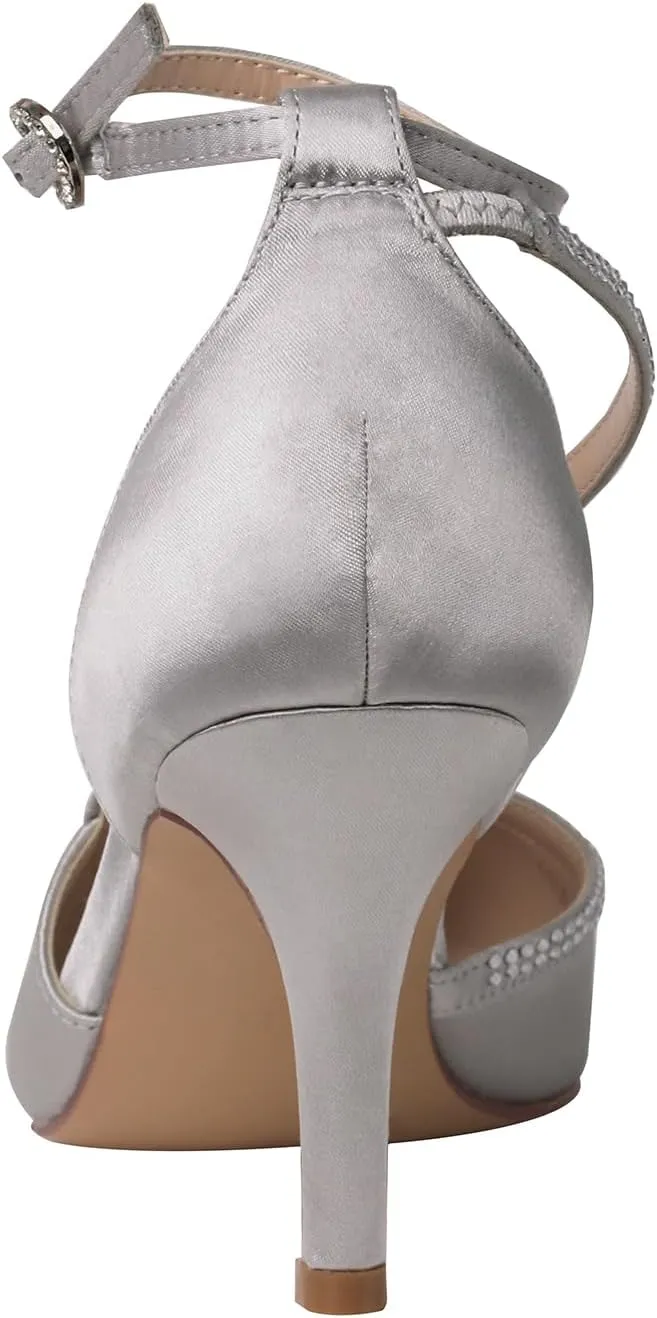 ERIJUNOR Women Comfortable Mid Heel Ankle Strappy Dress Pumps Pointed Toe Satin Wedding Evening Party Shoes