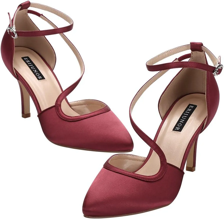 ERIJUNOR Women Comfortable Mid Heel Ankle Strappy Dress Pumps Pointed Toe Satin Wedding Evening Party Shoes