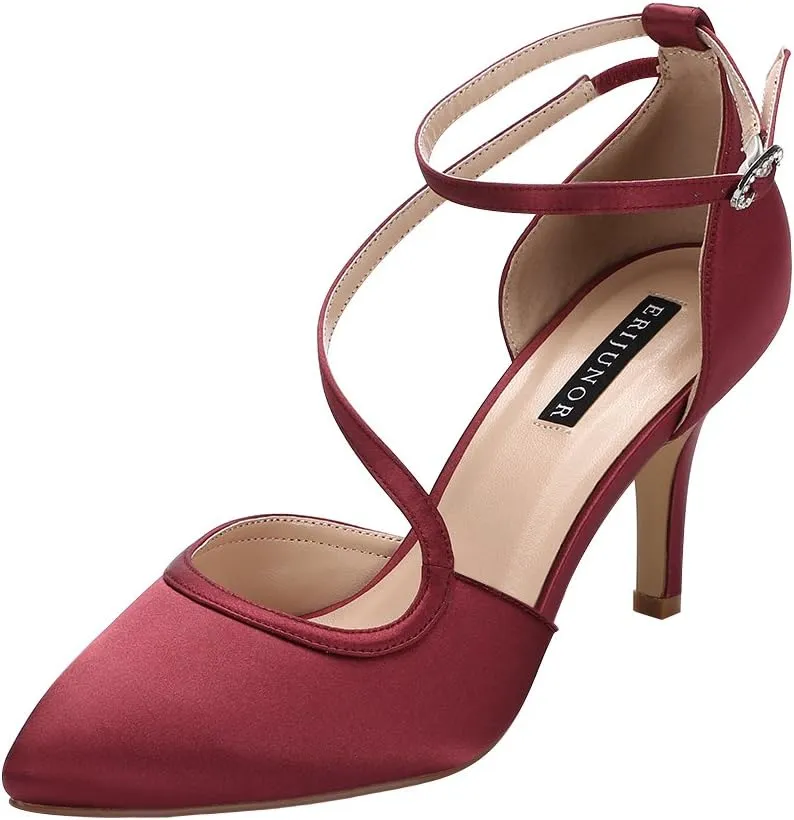 ERIJUNOR Women Comfortable Mid Heel Ankle Strappy Dress Pumps Pointed Toe Satin Wedding Evening Party Shoes