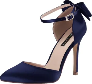 ERIJUNOR Women High Heel Bow Ankle Strap Evening Party Dance Wedding Satin Shoes