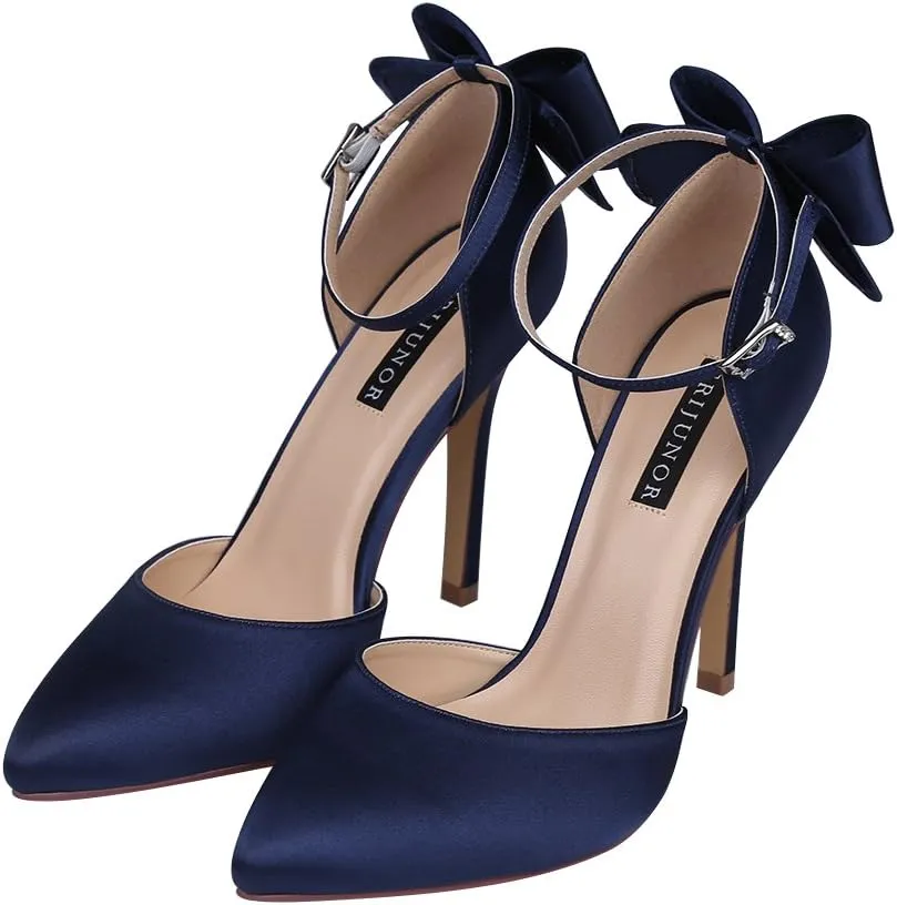 ERIJUNOR Women High Heel Bow Ankle Strap Evening Party Dance Wedding Satin Shoes