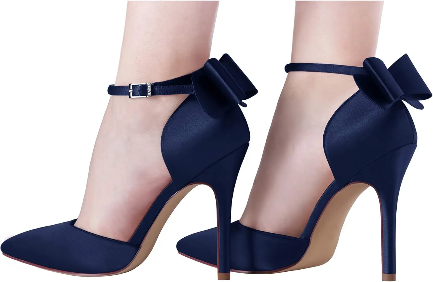 ERIJUNOR Women High Heel Bow Ankle Strap Evening Party Dance Wedding Satin Shoes