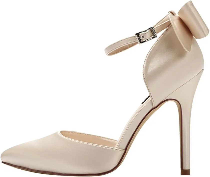 ERIJUNOR Women High Heel Bow Ankle Strap Evening Party Dance Wedding Satin Shoes