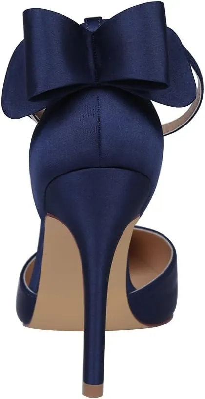 ERIJUNOR Women High Heel Bow Ankle Strap Evening Party Dance Wedding Satin Shoes