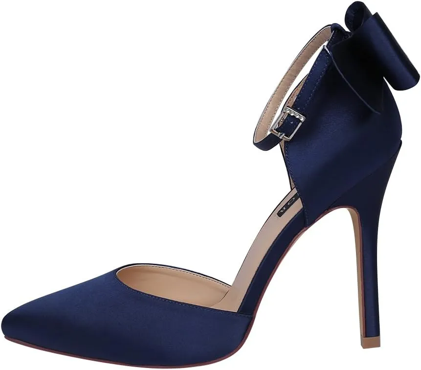 ERIJUNOR Women High Heel Bow Ankle Strap Evening Party Dance Wedding Satin Shoes