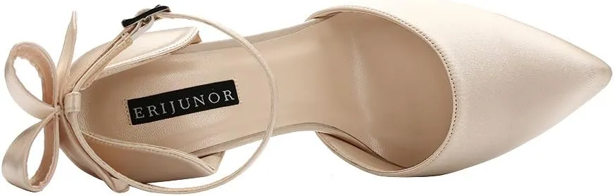 ERIJUNOR Women High Heel Bow Ankle Strap Evening Party Dance Wedding Satin Shoes