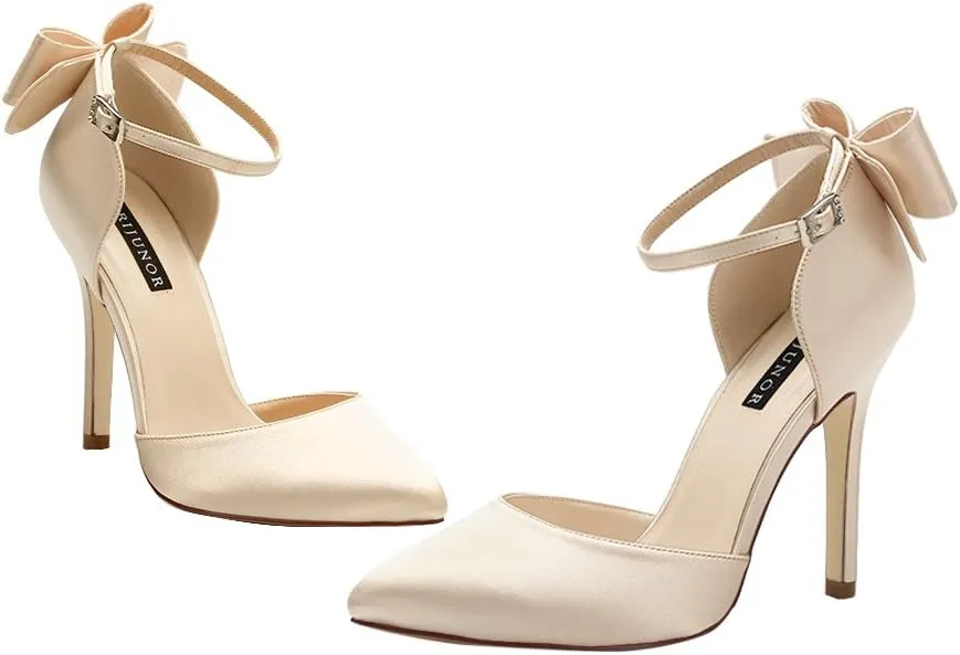 ERIJUNOR Women High Heel Bow Ankle Strap Evening Party Dance Wedding Satin Shoes