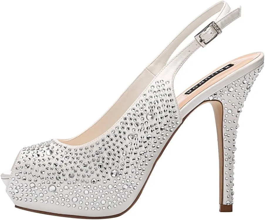 ERIJUNOR Women High Heel Peep Toe Rhinestones Slingback Platform Pumps Wedding Evening Dress Shoes