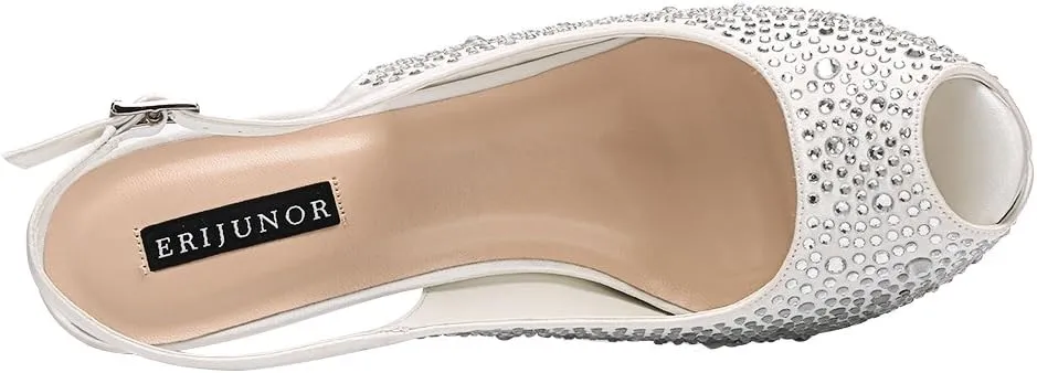ERIJUNOR Women High Heel Peep Toe Rhinestones Slingback Platform Pumps Wedding Evening Dress Shoes