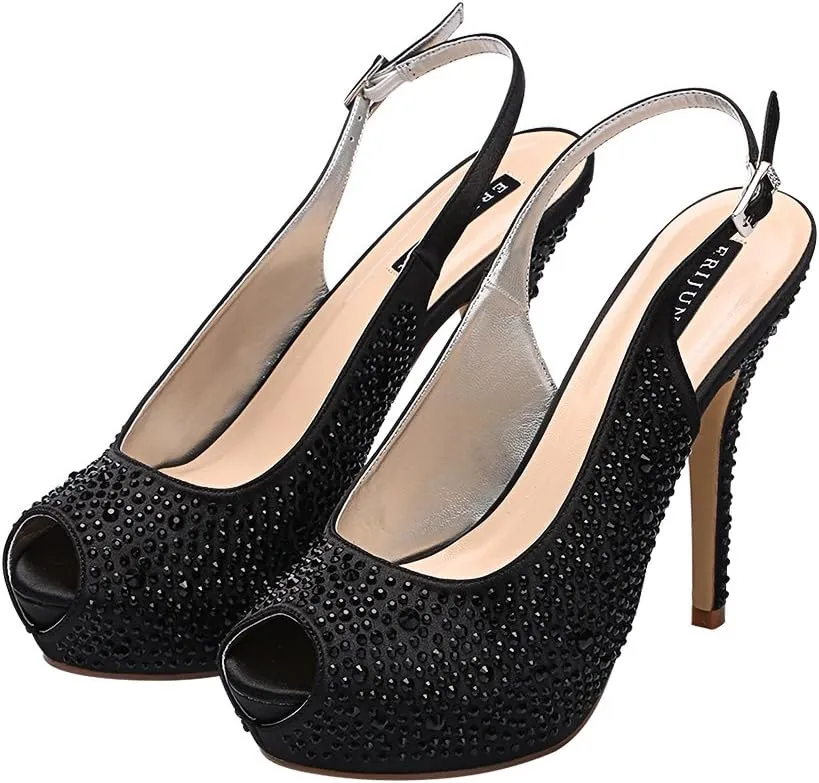 ERIJUNOR Women High Heel Peep Toe Rhinestones Slingback Platform Pumps Wedding Evening Dress Shoes