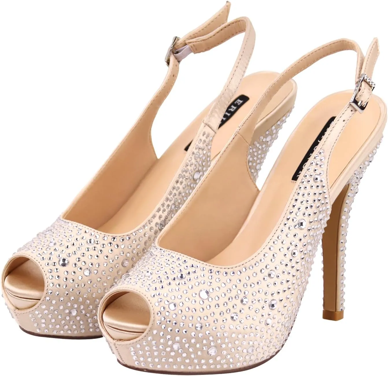 ERIJUNOR Women High Heel Peep Toe Rhinestones Slingback Platform Pumps Wedding Evening Dress Shoes
