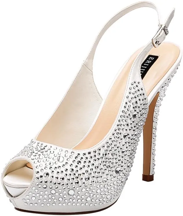 ERIJUNOR Women High Heel Peep Toe Rhinestones Slingback Platform Pumps Wedding Evening Dress Shoes