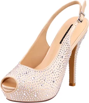 ERIJUNOR Women High Heel Peep Toe Rhinestones Slingback Platform Pumps Wedding Evening Dress Shoes