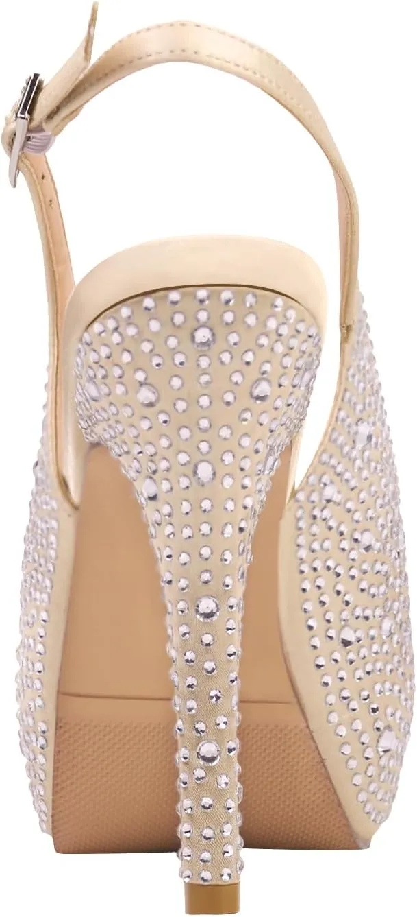 ERIJUNOR Women High Heel Peep Toe Rhinestones Slingback Platform Pumps Wedding Evening Dress Shoes